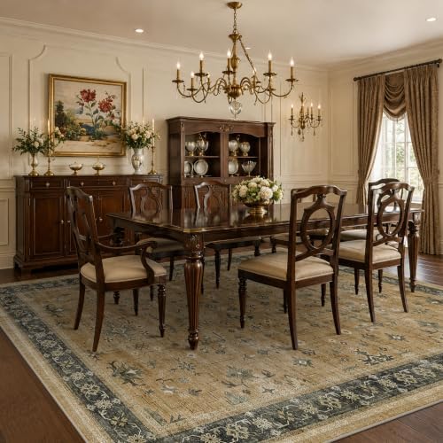 Washable 9x12 Living Room Rug - Vintage Extra Large Area Rugs for Dining Room Under Table, Rustic Brown and Charcoal Olive Low Pile Carpet for Bedroom Under the Bed, Non-Slip Stain & Fade Resistant