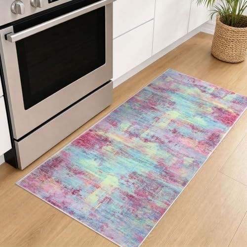 IOHOUZE Abstract Runner Rug 2x5 Ft Washable Runners for Hallways, Non Slip Kitchen Runner Printed Faux Wool Entryway Runner Indoor, Modern Abstract Floor Carpet for Hall Kitchen Bedroom, Pink Teal