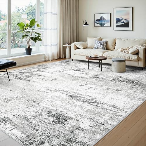 10x14 Area Rugs for Living Room Washable Abstract Rug White Grey Black