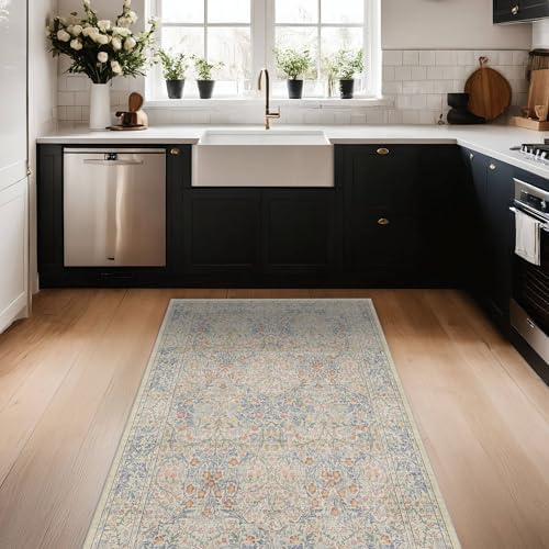 Washable 3x5 Bedroom Bedside Rug, Soft Area Rug for Large Kitchen, Entryway Indoor - Ultra Soft Vintage Floral Beige Blue Decor Non-Slip Low Pile Stain Resistance