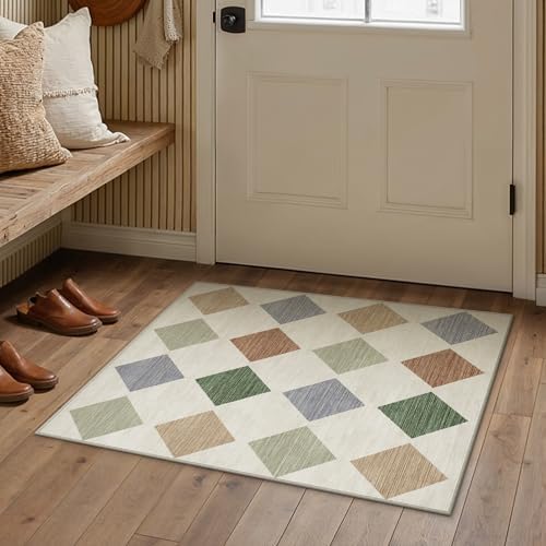 PureCozy 2x3 Washable Area Rug Entryway Colorful Non Slip Checkered Doormat