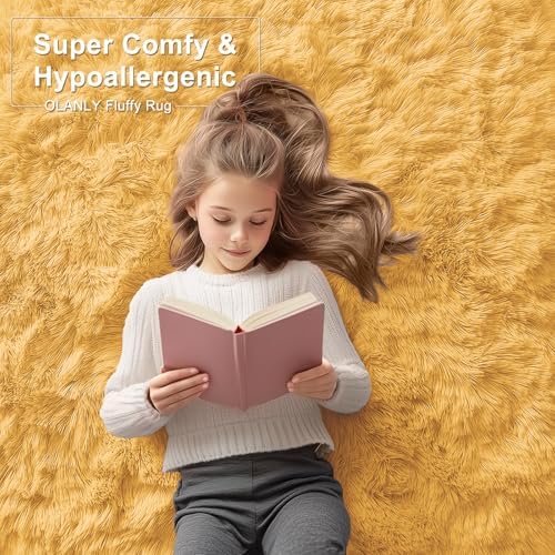 OLANLY 2x5 Machine Washable Runner Rugs for Hallway, Soft Fluffy Shaggy Bedside Rugs for Bedroom, Living Room, Indoor Floor Carpet for Kids Girls and Boys, Home Decor Aesthetic, Mustard Yellow