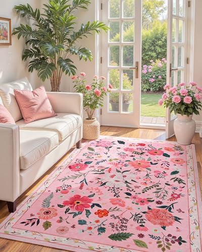 Macgace Floral Area Rug for Bedroom, Machine Washable 4x6 Pink Throw Rugs
