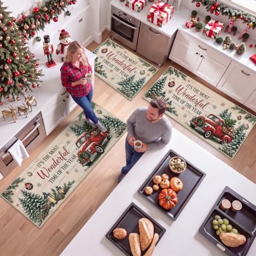 HEBE Christmas Kitchen Rugs Set of 3, Beige Washable Kitchen Mats for Floor