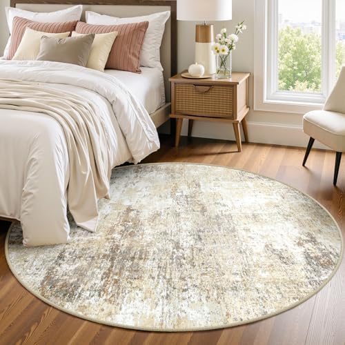 RELEANY Washable Round 4ft Area Rug for Living Room Neutral Brown