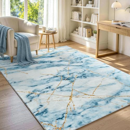 6x9 Washable Non-Slip Area Rug for Living Room (Gold Blue)
