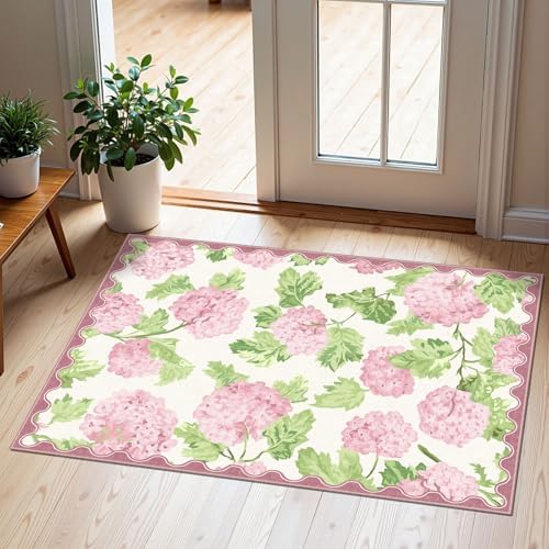 Front Door Mat Outside Entrance, 2x3 Pink White Floral Entryway Rug
