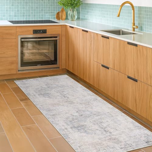 Hazo Haus Light Blue 2x5 Bathroom Runner Rug, Non-Slip Washable Runner for Kitchen, Laundry Room & Hallway, Abstract Design with Tan Accents, Eclectic Décor, Distressed Design