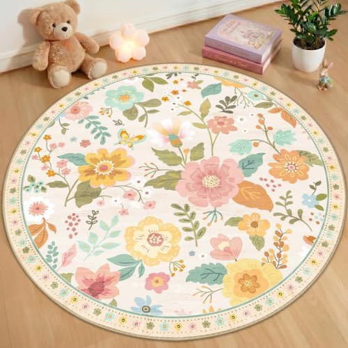 RELEANY Floral Washable Round 4ft Area Rug Beige/White/Orange