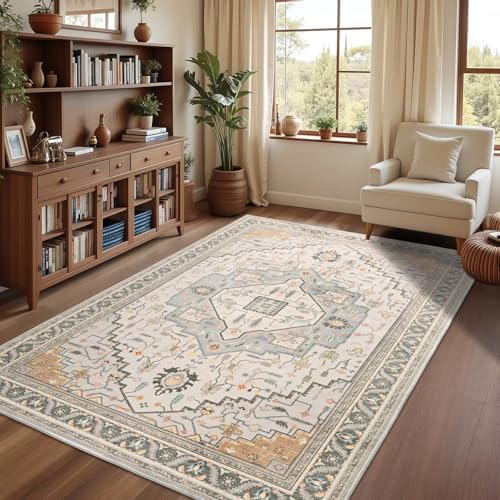 Macgace 6x9 Grey Beige Area Rug for Living Room, Machine Washable Rugs with Non-Slip Backing for Bedroom, Vintage Medallion Carpet Dining Room Office Kids Room Decor