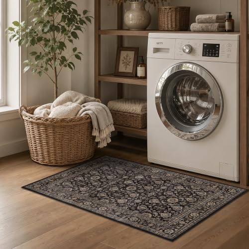 JOOJA 2'6"x8' Black Gold Vintage Boho Washable Soft Long Hallway Runner Rug