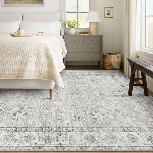 XLUEZ Area Rug 6x9 Living Room Rug, Machine Washable Vintage Distressed Boho Area Rug Non-Slip Soft Low Pile Large Indoor Rugs for Bedroom Kitchen Dining Room Office(Floral Grey,6'x9')