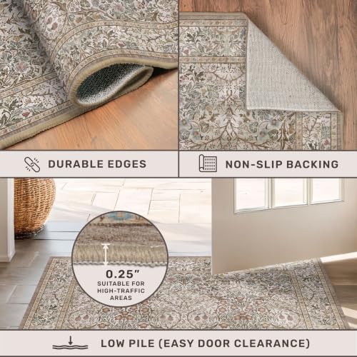 Vintage Moss Green 3x6 Runner Rugs for Large Entryway, Bedroom Beside Rug, Kitchen, Non-Slip Low Pile Ultra Soft Stain Resistant Small Floral Neutral Carpet
