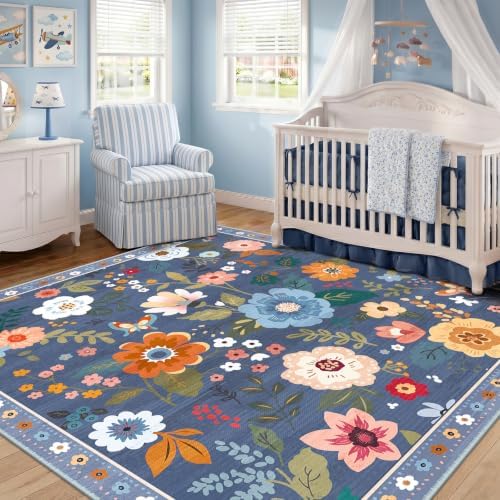 RELEANY Floral Washable Square 6ft Area Rug Blue/Grey