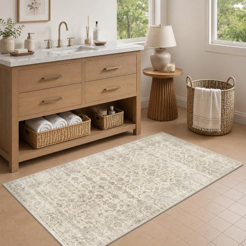 JOOJA 2x4 Beige Vintage Floral Low Pile Non Slip Washable Boho Runner Rug