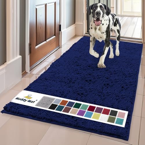 Muddy Mat® | Super Water Absorbent Door Mat Indoor, Microfiber Quick Dry Chenille Entryway Rug, Slip Resistant Front Door Mat, Indoor Mats for Entryway, Machine Washable Pet Rug, Navy Blue 36"x120"
