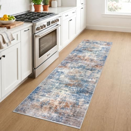 IOHOUZE Abstract Runner Rug 2x7 Ft Washable Runners for Hallways, Non Slip Kitchen Runner Printed Faux Wool Entryway Runners Indoor, Modern Abstract Floor Carpet for Hall Kitchen Bedroom, Blue Rust