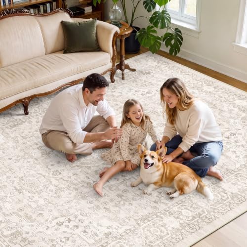 SameBed 8x10 Area Rug Living Room, Vintage Washable Carpet Neutral Beige