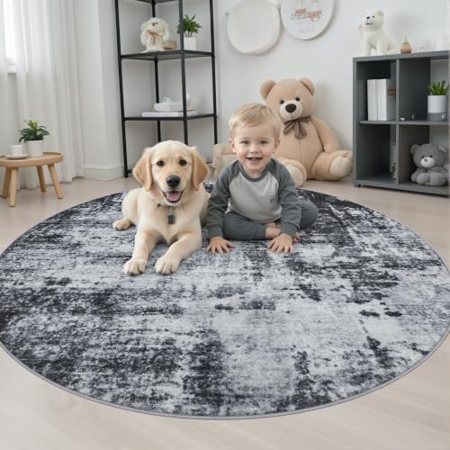 Round Area Rug Living Room: 5 ft Modern Washable Carpet Dark