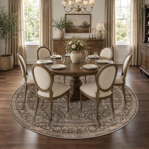 JOOJA 7x7 Dark Brown Vintage Low Pile Washable Boho Round Living Room Rug