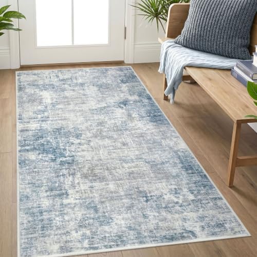 IOHOUZE Abstract Area Rug 3x5 Ft Washable Rugs for Entryway Indoor, Non Slip Kitchen Rug Printed Faux Wool Throw Rugs, Indoor Door Mat for Door Entrance Foyer Living Room, Light Blue Grey