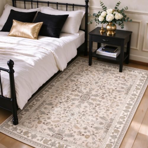 3x5 Kitchen Rug Washable Non-Slip, Beige Modern Boho Indoor Small Area Rugs for Entryway Bedroom Living Room, Soft Low-Pile Thin Door Mat