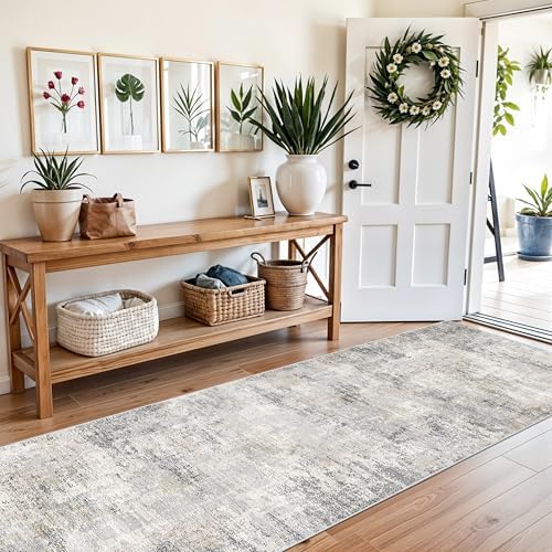 3x10 ft Long Hallway Runner Rug – Non-Slip Washable Kitchen Floor Rug with Rubber Backing, Modern Low Pile Thin Wide Carpet Runners for Bedroom, Entryway Indoor（Gray Beige,3x10）