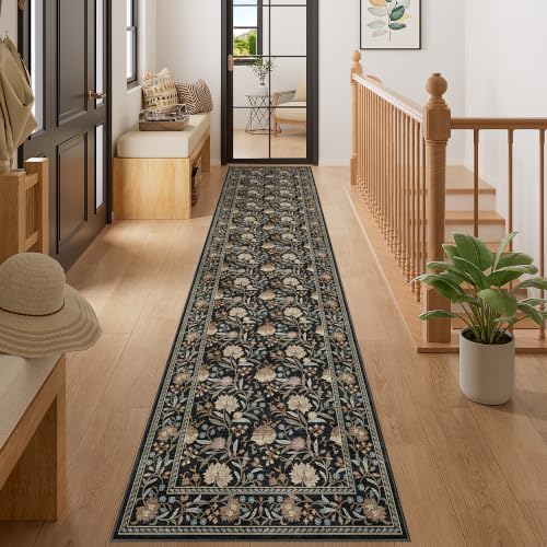 DUKINO 2x10 Runner Rug for Hallway, Washable Vintage Floral Rug, Black