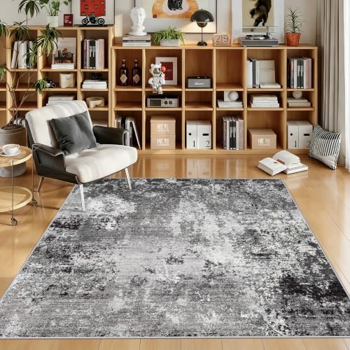 5x5 Rug Square for Living Room – Machine Washable Non-Slip Area Rug for Kitchen Entryway Bathroom – Modern Neutral Abstract Soft 5ft Indoor Carpet (Black Grey, 5x5)