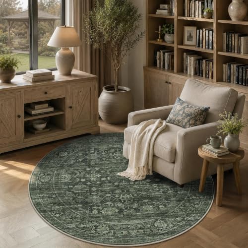 JOOJA 4x4 Dark Green Vintage Low Pile Washable Boho Small Round Kitchen Rug