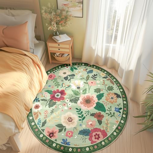 RELEANY Floral Washable Round 8ft Area Rug LightGreen