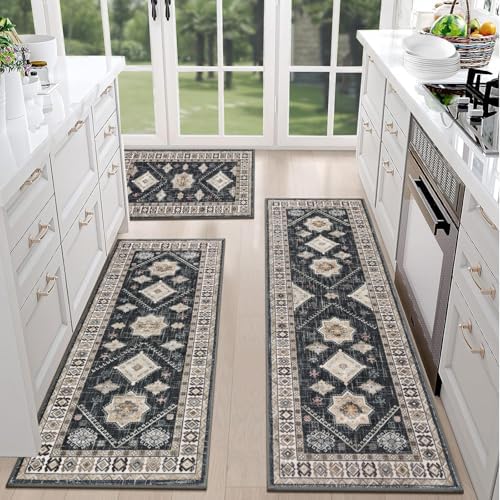 HEBE Boho Kitchen Rugs Set of 3, Non Slip Washable Kitchen Mats for Floor