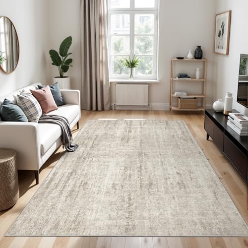 Valenrug 5x8 Area Rug, Abstract Large Washable Rugs for Living Room, Beige
