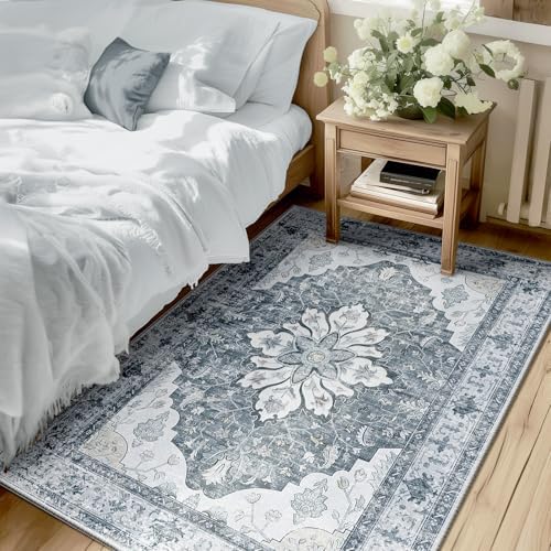 RELEANY Washable Area Rug, 3'x5', Grey/White/Beige