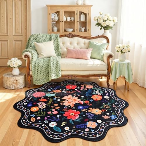 Macgace Floral Round Rug for Girls Bedroom, Washable 4ft Black Area Rugs