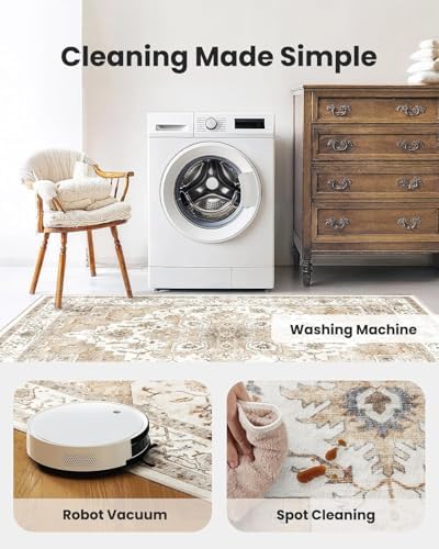 Amada Round 6x6 Washable Area Rug for Living Room, Beige, Vintage Style