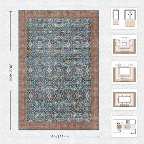 6x9 Area Rugs - Washable Vintage Retro Living Room Rug, Soft Ultra Thin Non Slip Low Pile Traditional Distressed Boho Carpet for Bedroom Dining Room Nursery Home Office, Navy Rust