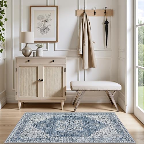2x3 Area Rugs Living Room: Washable Vintage Rug for Bedroom Blue