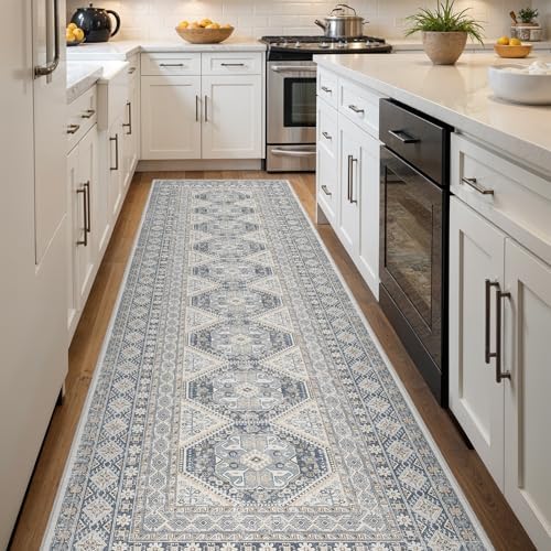 Ksrau 3x12 Runner Rug Washable Vintage: Non Slip Hallway Runners Blue