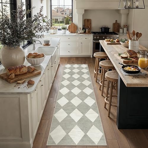 PureCozy Grey 2x10 Washable Runner Rug Kitchen Non Slip Checkered Carpet