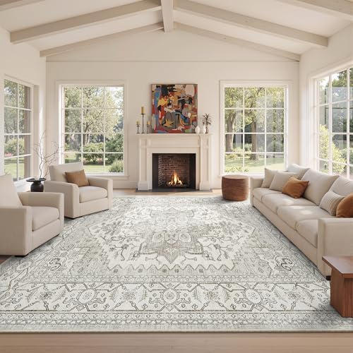 Washable Area Rugs for Living Room 9x12 Neutral Floral Large Soft Rug Beige