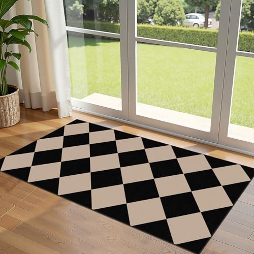 Front Door Mat Indoor Entrance - 2x4.3 Ft Black Tan Checkered Rug