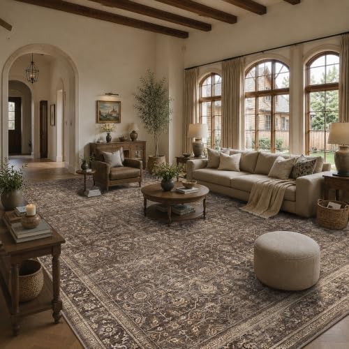JOOJA 10x14 Dark Brown Vintage Soft Low Pile Washable Boho Large Area Rug