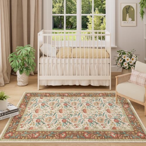 DUKINO 3x5 Rug, Washable Vintage Floral Bedroom Area Rug Non Slip, Brown