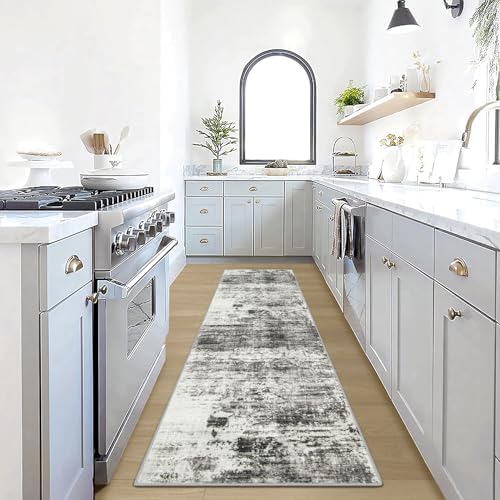 2'6''x8' Runner Rugs Washable Rug:Modern Abstract Hallway Black Grey Carpet