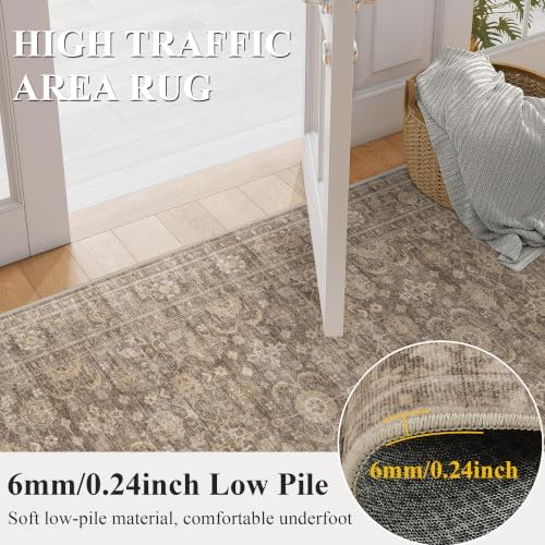 JOOJA 4x6 Neutral Tan Vintage Boho Washable Area Rug, Low Pile Soft Rug