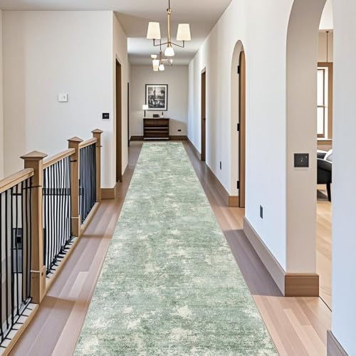 3x20 ft Extra Long Hallway Runner Rug - Non-Slip Washable Floor Runner with Rubber Backing, Modern Low Pile Thin Wide Carpet for Entryway, Kitchen, Living Room（Sage Green, 3x20）