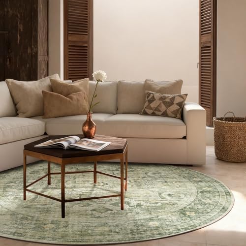 4ft Washable Round Rugs for Bedroom: Circle Living Room Rug Boho Vintage Non Slip Low Pile Soft Faux Wool Non Shedding Small Carpet Rug for Kitchen Entryway Bathroom Bedside Home Office Dorm Kids Room