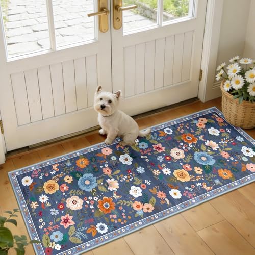 Floral Washable 2x5 Area Rugs Runner Entryway Hallway Blue/Grey