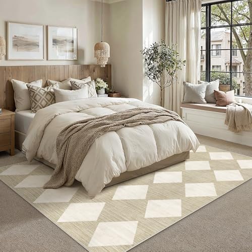 PureCozy 5x7 Washable Area Rug Living Room Beige Non Slip Checkered Carpet